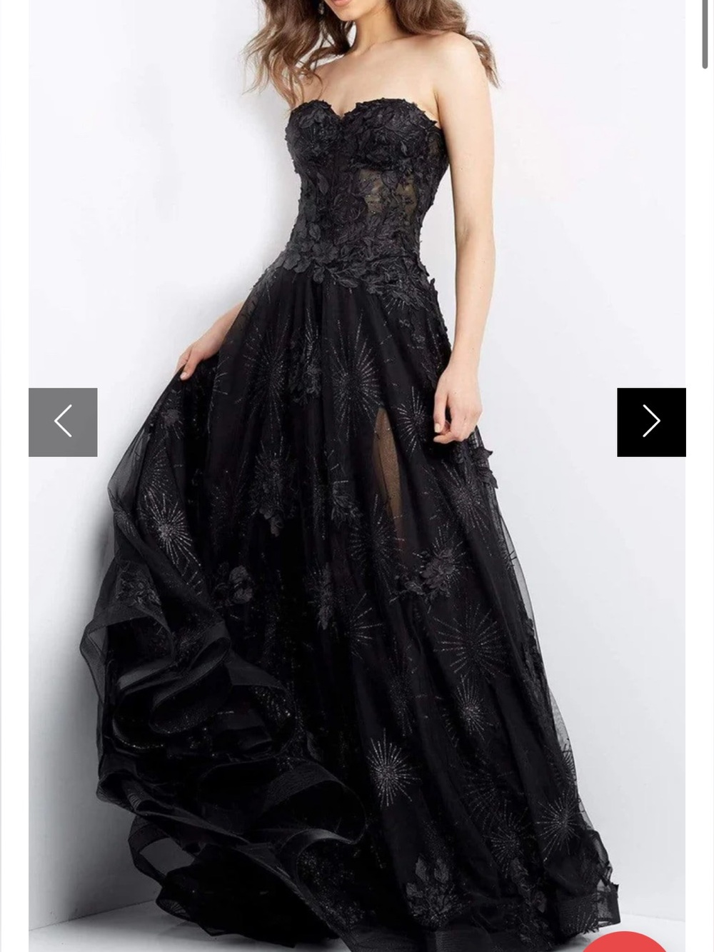 Jovani Strapless Black Evening Gown with Floral Appliqué